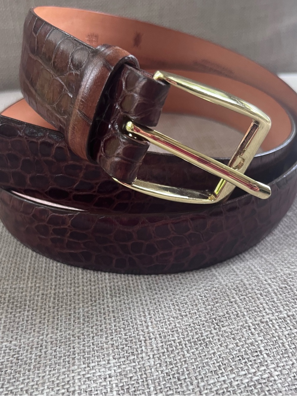 Luxury Martin Dingman Men’s Brown Croc-Embossed Leather Belt with Gold Buckle